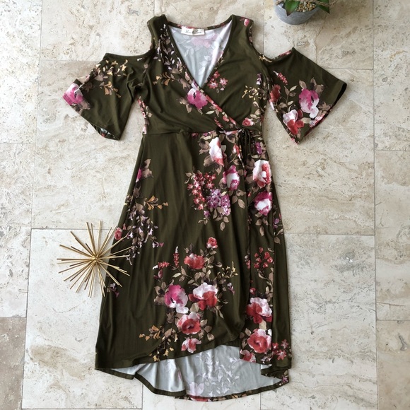 Olive Green Floral Cold Shoulder Dress - Picture 5 of 8